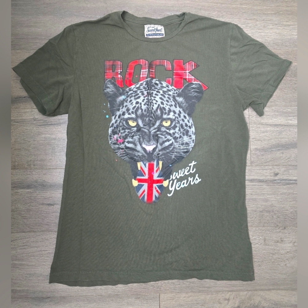 Sweet Years Rock Made In Italy Leopard Tee Dark Green Mens XXL